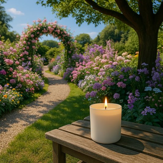 Ein sonnendurchfluteter Garten in voller Blütenpracht: pastellfarbene Blumen in Rosa, Lila und Weiß umgeben einen majestätischen Baum, unter dem eine Holzbank im Schatten steht. Auf der Bank steht eine elegant flackernde Duftkerze in einem mattweißen Glas, eingebettet in eine Szene voller Leichtigkeit, Schönheit und träumerischer Romantik.