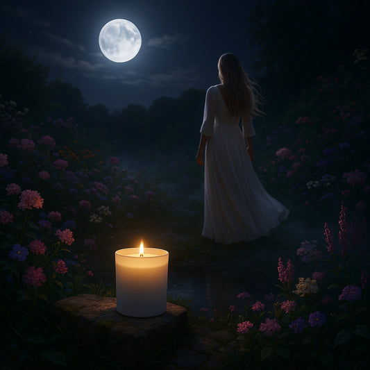 Ein geheimnisvoller Garten bei Nacht, beleuchtet vom Mondlicht. Im Vordergrund steht eine weiß beschichtete Duftkerze auf einem Stein, umgeben von zartem Nebel. Im Hintergrund ist eine Frau in einem langen, weißen Kleid zu sehen, deren Haar und Stoffe sich im Wind bewegen.