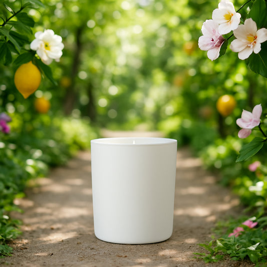 Mattweißes Kerzenglas mit glatter Oberfläche, umgeben von frühlingshaften Blumen, frischen Zitronen und grünem Laub auf einem rustikalen Gartenpfad. Natürliches Licht erzeugt eine sanfte, einladende Atmosphäre. Duftkerze 'Frühlingsgefühl'