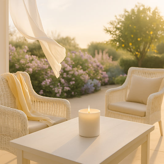 Ein stimmungsvolles Foto zeigt eine sonnenverwöhnte Terrasse mit weißen Rattanstühlen und Kissen, umgeben von einem wildromantischen Garten in sanften Farben wie Rosa, Weiß und Lavendel. Die Stimmung ist hell, luftig und friedlich – als würde ein sanfter Frühlingswind durch die Szene wehen. Auf dem Tisch steht eine weiß beschichtete Duftkerze, die sich dezent ins Gesamtbild einfügt und die warme Atmosphäre unterstreicht.