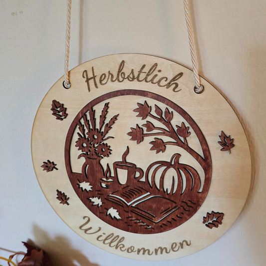 Herbstlich Willkommen – Holzschild mit Gravur & Lasur