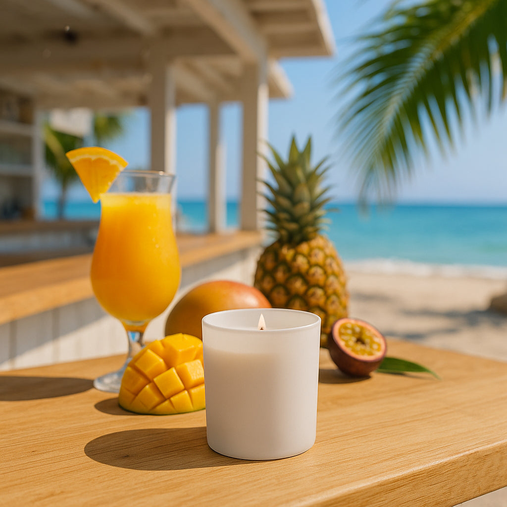 Eine sommerliche Szene am Strand mit Blick auf eine Strandbar und das glitzernde Meer. Auf einem Holztisch steht eine brennende Duftkerze im mattweiß beschichteten Glas, flankiert von frischer Mango, Ananas und Passionsfrucht. Daneben ein Cocktail mit Orangenscheibe als Dekoration. Palmenblätter werfen weiche Schatten auf den Tisch.