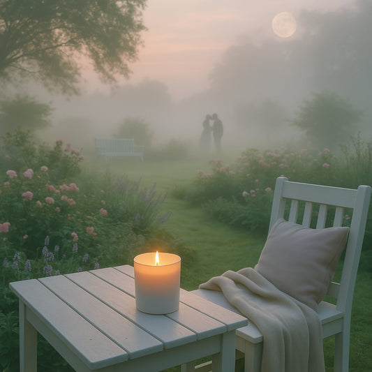 Duftkerze in frostweißem Glas auf einem Holztisch bei Sonnenaufgang, umgeben von zarten Nebelschwaden und einem schemenhaften Liebespaar im Hintergrund – romantische Frühlingsstimmung mit mystischer Atmosphäre.