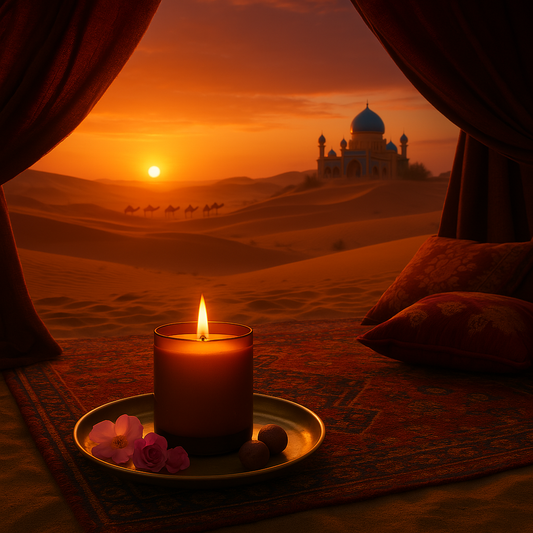 Eine brennende Duftkerze im amberfarbenen Glas steht auf einem goldenen Tablett, umgeben von Rosenblüten und Pralinés. Die Szene spielt sich im warmen Licht eines Sonnenaufgangs ab – vor roten Sanddünen, einem orientalischen Palast und einer Karawane in der Ferne. Teppich und Kissen unterstreichen die magische, ruhige Stimmung des Morgens in einem Beduinenzelt.