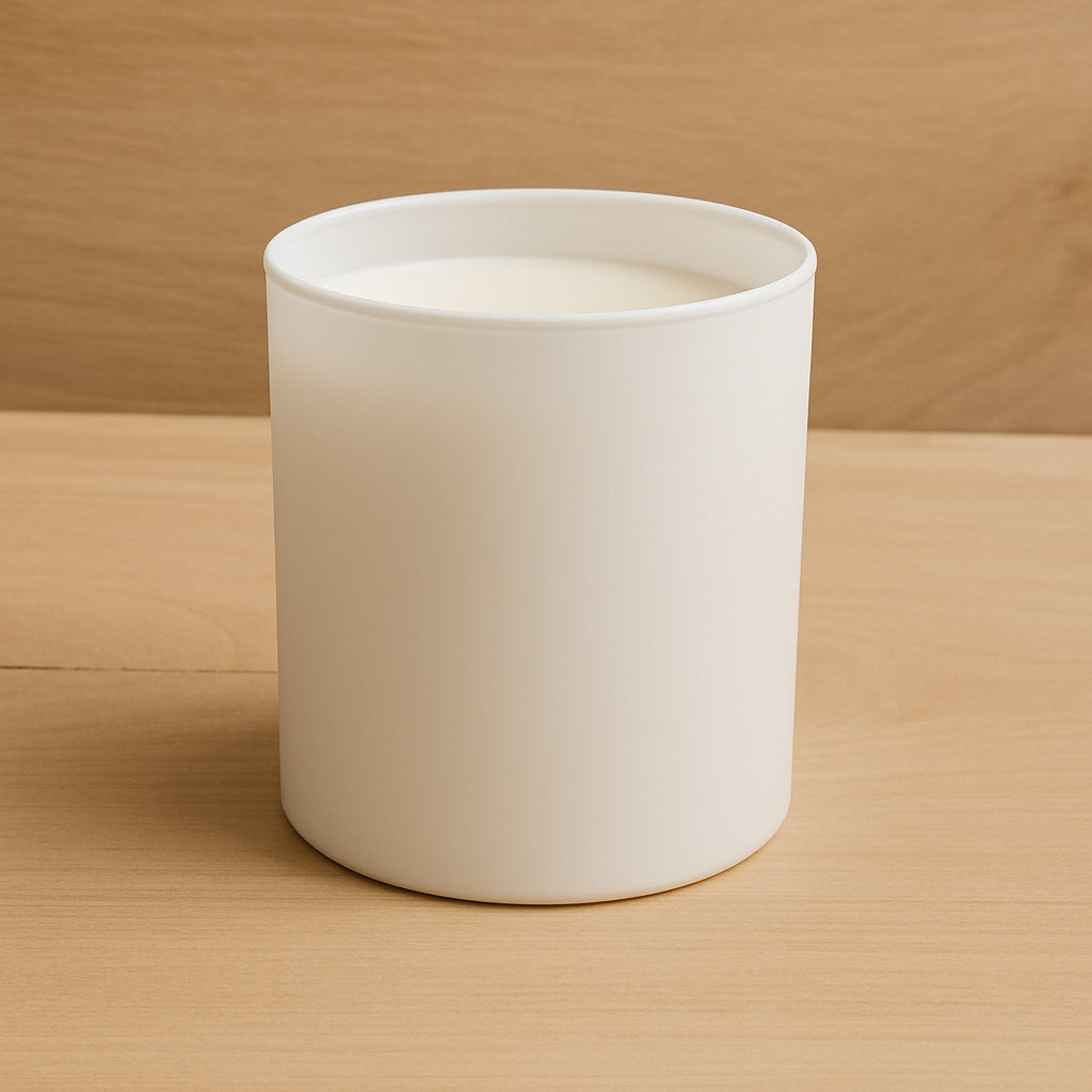 Mattweißes, zylindrisches Kerzenglas im minimalistischen Design – Duftkerze im Handmade-Stil von Aromadeko