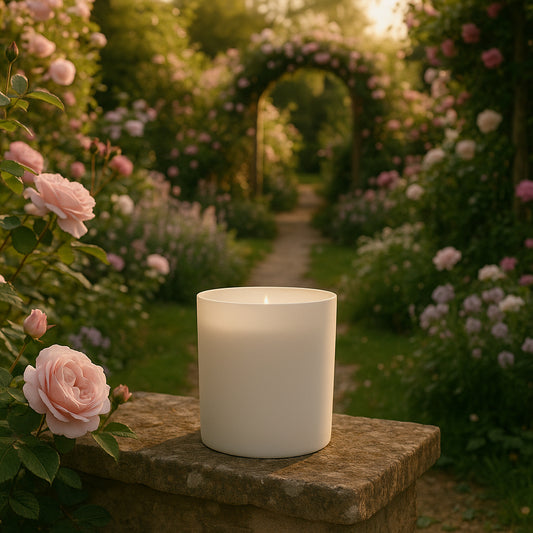 Ein idyllischer Rosengarten in voller Blüte, durchzogen von einem kleinen Weg, der durch einen Rosenbogen führt. Im Vordergrund steht eine brennende Duftkerze im mattweiß beschichteten Glas auf einer verwitterten Natursteinmauer. Weiches Abendlicht fällt durch die Bäume, die Szene wirkt verträumt und ruhig, umgeben von pastellfarbenen Rosen und üppigem Grün.