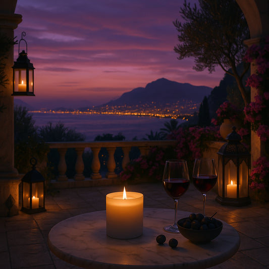 Sinnliche Abendstimmung auf einer mediterranen Terrasse mit Blick aufs Meer. In der Mitte des Tisches steht eine brennende Duftkerze – Sicilian Night – umgeben von zwei Gläsern Rotwein, einer Schale Trauben und stimmungsvollen Laternen. Der Himmel glüht in satten Violett- und Orangetönen, während die funkelnden Lichter der Stadt in der Ferne den Zauber einer sizilianischen Nacht unterstreichen.