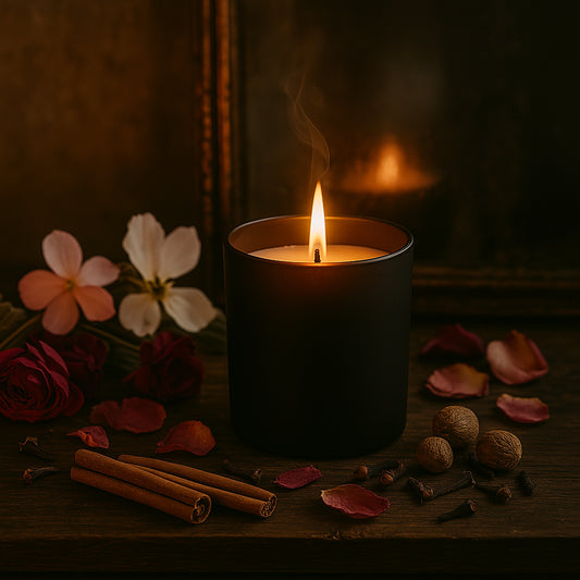 Eine brennende Duftkerze in einem mattschwarzen Glas steht auf einem edlen Beistelltisch vor einem dunklen, samtigen Hintergrund. Daneben liegen Zimtstangen, getrocknete Blumen und Weihrauchharz, die zusammen eine geheimnisvolle und sinnliche Atmosphäre erzeugen. Warmes Kerzenlicht lässt das Glas sanft leuchten und unterstreicht die romantisch-verführerische Stimmung des Bildes.