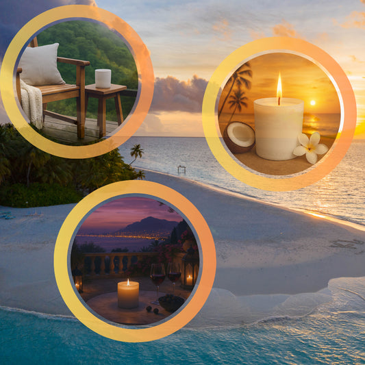 Sommerliches Bundle-Bild mit drei Duftkerzen in runden Rahmen, vor einem tropischen Strand bei Sonnenuntergang. Die Bildkomposition symbolisiert die Düfte Tropical Sunset, Endless Energy und Sicilian Night aus dem Sunset Glow Bundle von Aromadeko.