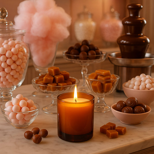 Amberfarbene Duftkerze im Whiskyglas-Design auf einem Marmortisch, umgeben von rosa Bonbons, Karamellstücken, Pralinen, Zuckerwatte und einem Schokoladenbrunnen in einer eleganten Candy-Bar-Szene.
