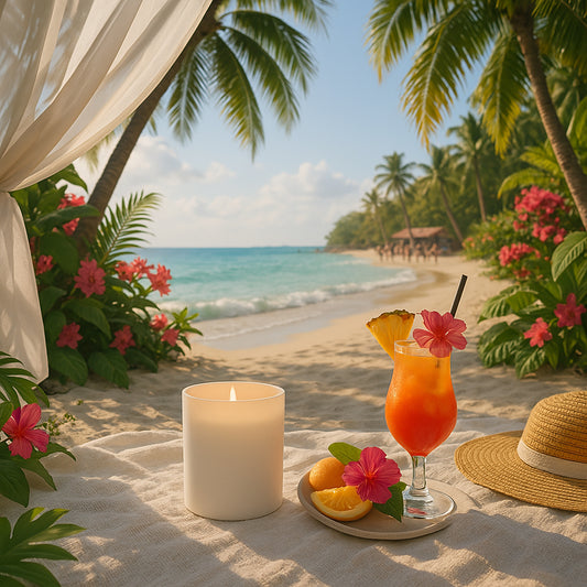 Ein tropischer Strand mit Palmen, leuchtenden Hibiskusblüten und türkisblauem Meer bildet die Kulisse. Auf einem Tuch im Sand steht eine brennende Duftkerze im mattweiß beschichteten Glas. Daneben ein Cocktail mit Orangenscheibe, Hibiskusblüte und Früchten auf einem kleinen Teller. Im Hintergrund sieht man den Verlauf der Küste und eine strohgedeckte Strandbar unter Palmen,  vor der Menschen tanzen. 