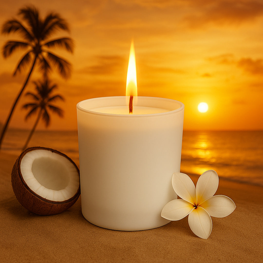 Tropical Sunset Duftkerze in einem matten, weißen Glas mit weißem Wachs, umgeben von tropischen Elementen wie Tiaré-Blüten, Kokosnüssen, warmem Sand und Palmen. Die Atmosphäre strahlt in warmen Sonnenuntergangstönen von Orange, Gelb und Rosa, mit sanftem Nebel, der die Szenerie mystisch und beruhigend wirken lässt.
