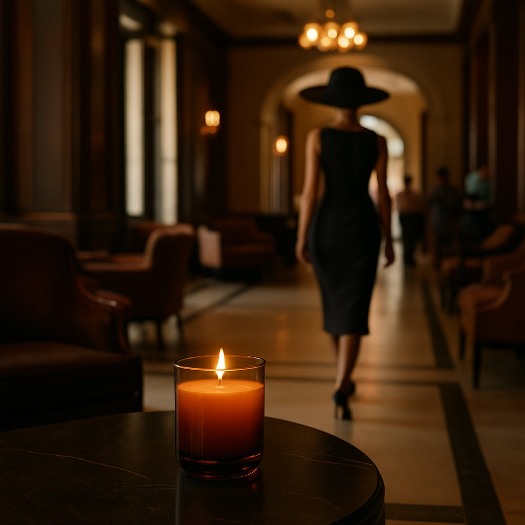 Eine elegante Hotellobby mit gedimmtem Licht und dunklem Holz. Im Vordergrund auf einem runden Tisch steht eine brennende Duftkerze im glänzend dunkelbraunen Glas. Im Hintergrund geht eine Frau in einem eleganten, schwarzen Etuikleid und großem Hut durch einen langen Flur mit warmen Wandleuchten. Die Szene wirkt ruhig, geheimnisvoll und luxuriös.