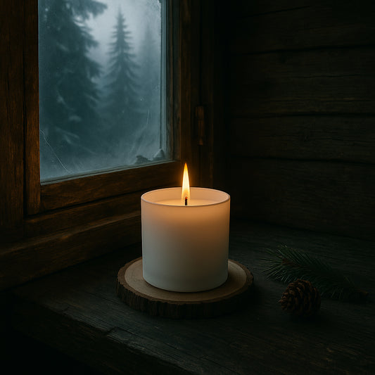Weiße Duftkerze in einer verwitterten Holzhütte mit Kiefernholz, im Hintergrund dichter Nadelwald mit Schnee und Nebel – eine geheimnisvolle, mystische Atmosphäre zwischen Naturzauber und winterlicher Stille.