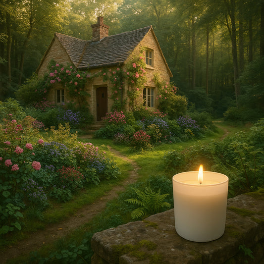 Ein kleines Natursteinhaus mit einem verwunschenen Cottage-Garten liegt eingebettet in einen lichtdurchfluteten Wald. Im Vordergrund steht eine brennende Duftkerze im von außen mattweiß beschichteten Glas auf einer alten Steinplatte, umgeben von Farnen, wilden Beeren und zarten Blüten. Weiches Morgenlicht fällt durch die Bäume und taucht die Szene in eine ruhige, natürliche Atmosphäre.